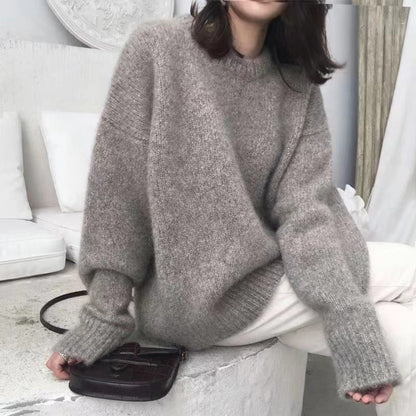 eybag datenight fall outfits Korean Style Large Lazy Style round Neck Pullover Women's Autumn and Winter Solid Color Loose Bottoming Sweater Women