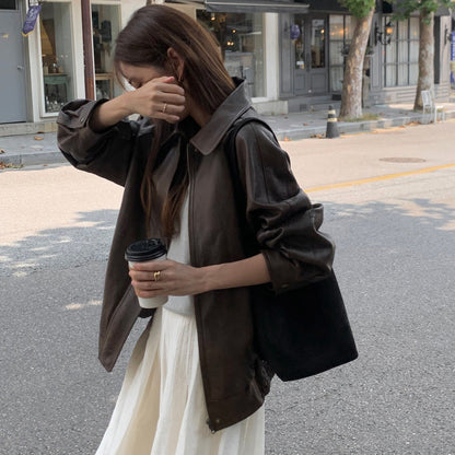 eybag barn jacket outfits French Style Retro Lapel Zipper Loose All-Match Bf Fan Car Clothes PU Leather Coat