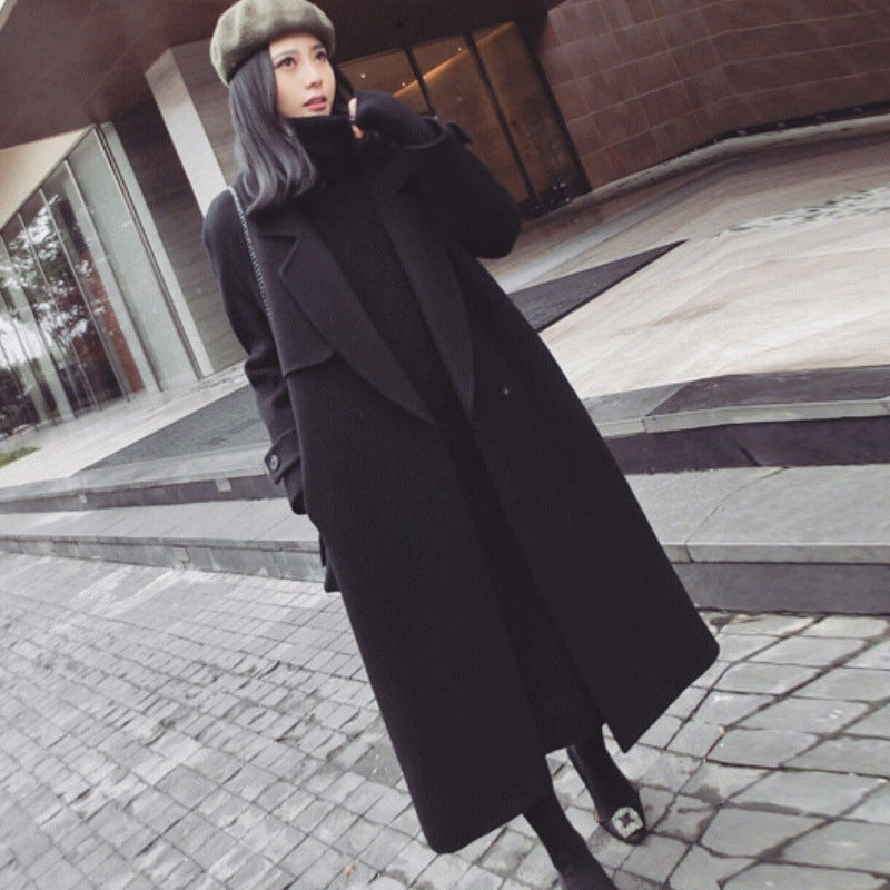 eybag going out outfits Black Woolen Coat Women's Mid-Length Korean Style Coat New Autumn and Winter over-the-Knee Hepburn Style Woolen Fashion