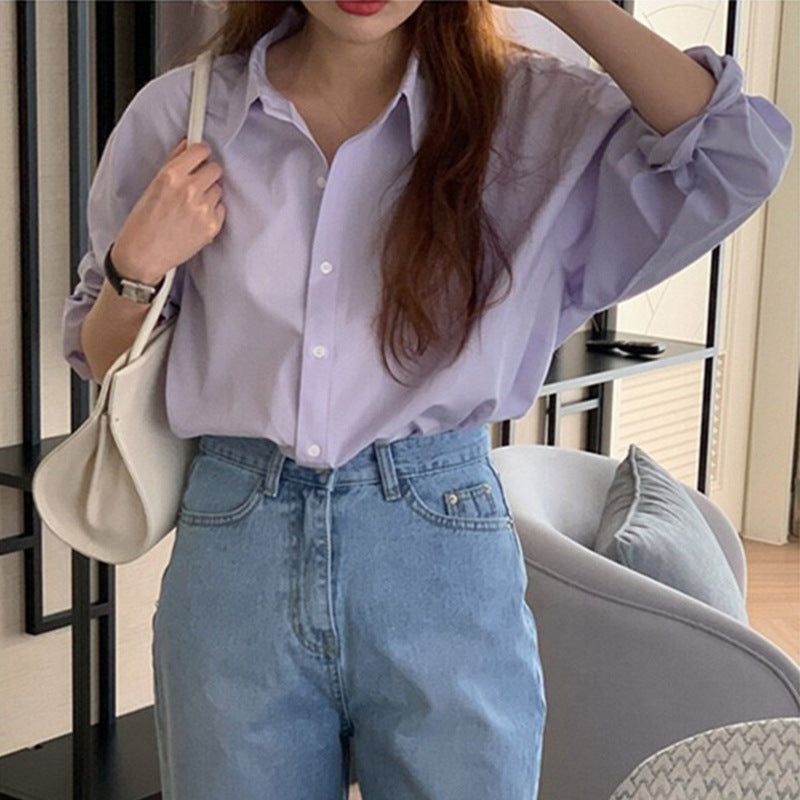 eybag business casual outfits Purple French Style Shirt Women's Spring and Autumn 2024 New Casual Korean Style Shirt Niche Slim-Fit Long-Sleeved Top