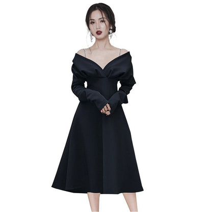 eybag k drama dress to impress Niche High-End Black V-neck Sling Long Sleeve Waist-Tight Large Swing Dress Elegant Light Luxury Host Evening Dress