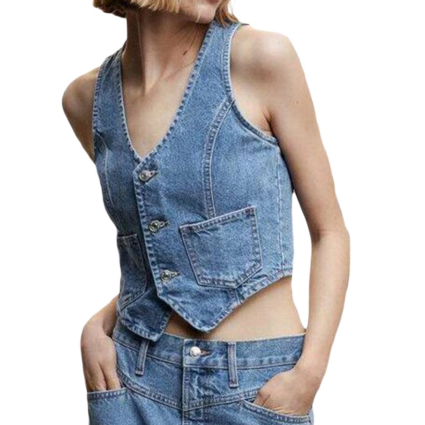 eybag barn jacket outfits American Retro Hot Girl V-neck Breasted Denim Sleeveless Vest Slim-Fit Pocket Short Vest