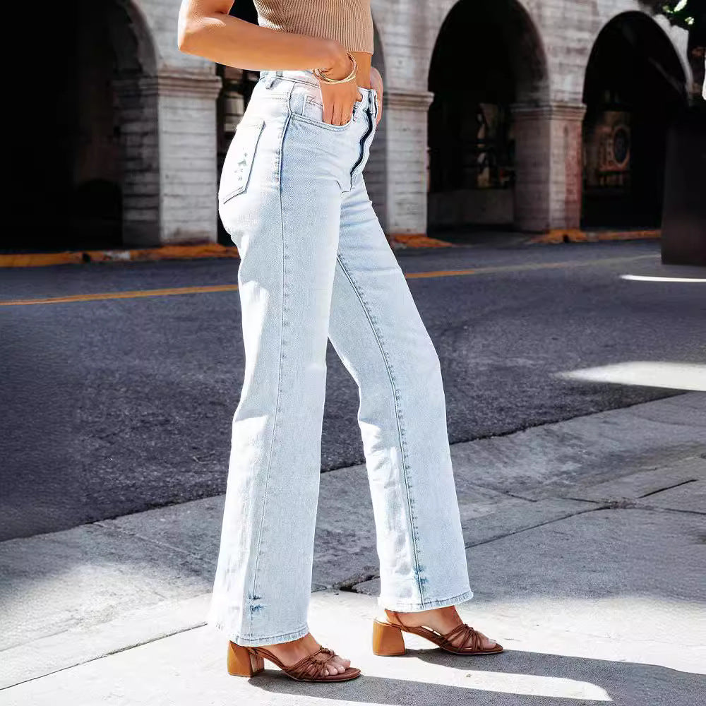 eybag business casual outfits Women's Jeans Fashionable Simple Slim Straight Light Blue Trousers