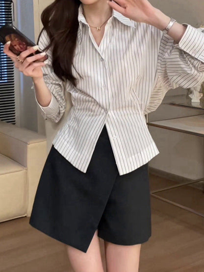 eybag business casual outfits for women Hong Kong Style Chic Striped Polo Collar Shirt Women's Early Autumn New Waist Pleated Long Sleeve Shirt Chic Split Top