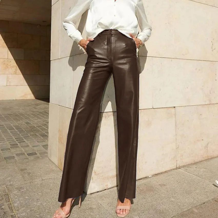 eybag going out outfits Women's Spring Fashion PU Leather Mid-High Waist Hip Lifting Straight Women's Casual Pants Women's Pants