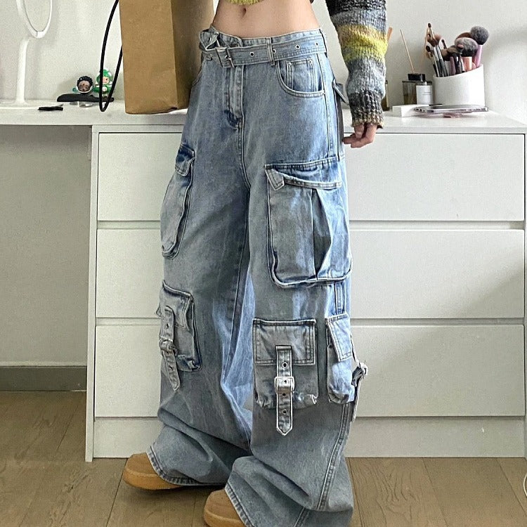 eybag barn jacket outfits American Street Workwear Wide-Leg Jeans Men's and Women's Multi-Pocket High Waist Loose Drop-down Mop Pants