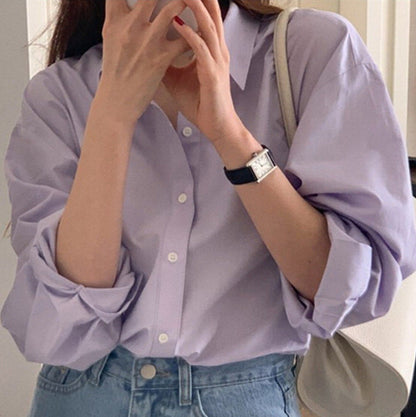 eybag business casual outfits Purple French Style Shirt Women's Spring and Autumn 2024 New Casual Korean Style Shirt Niche Slim-Fit Long-Sleeved Top