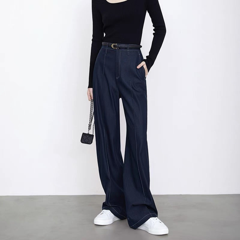 eybag barn jacket outfits Retro Hong Kong Style Dark Blue Imitation Jeans Slim Straight Draping Casual Pants Suit Pants Women's Dark Wide Leg Pants