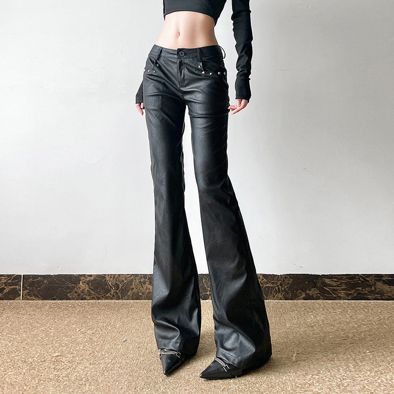 eybag barn jacket outfits Dark Sweet and Spicy Rivet Decorative Leather Casual Pants Sexy Low Waist Flared Pants 2024 American Street Shooting New Leather Pants