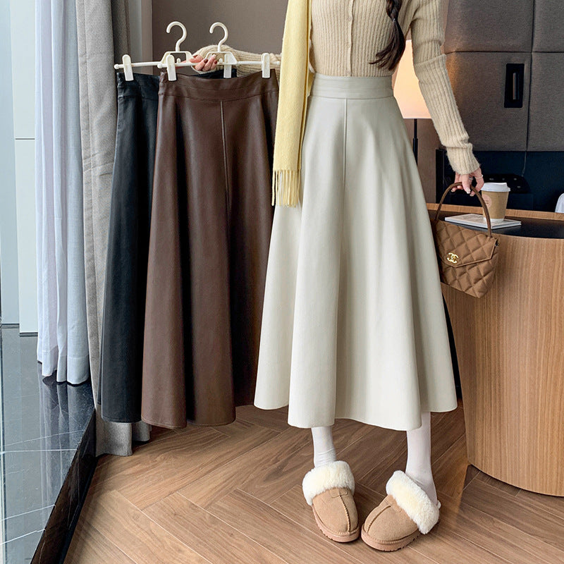 eybag business casual outfits for women A- line Umbrella Skirt Women's Skirt 2024 Autumn and Winter Large Swing Leather Skirt High Waist Mid-Length Skirt Covering PU Leather Long Skirt