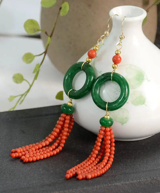 - 14K Gold Jade Tassel Circle Drop Earrings