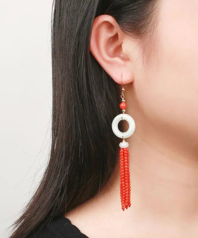 - 14K Gold Jade Tassel Circle Drop Earrings