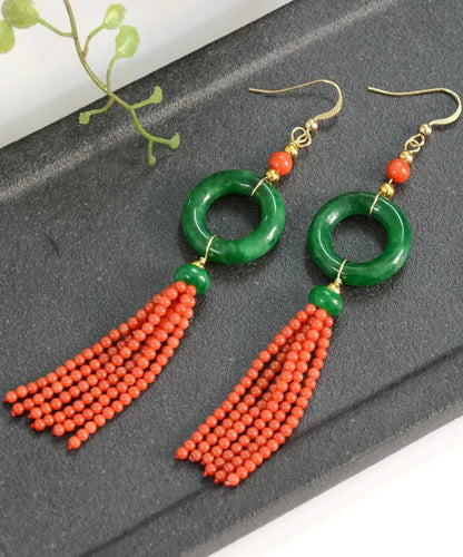 - 14K Gold Jade Tassel Circle Drop Earrings