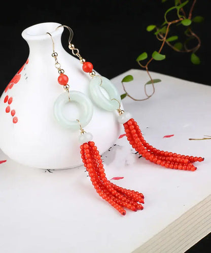 - 14K Gold Jade Tassel Circle Drop Earrings