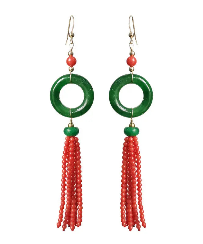 - 14K Gold Jade Tassel Circle Drop Earrings