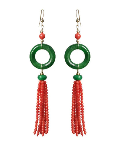 - 14K Gold Jade Tassel Circle Drop Earrings