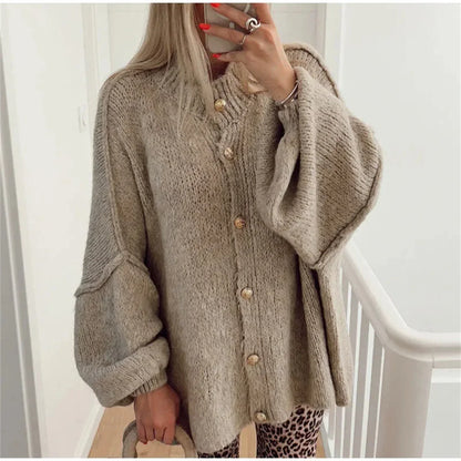 eybag French Fashion Loose Sweater For Women O-neck Metal Button Cardigan Single Breasted Autumn Winter Casual Coat Female Outfit Tops