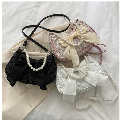 eybag Fashion Pearl Chains Design Female Shoulder Messenger Bag Sweet Bow Ladies Crossbody Bags Flower Pattern Women Square Handbags