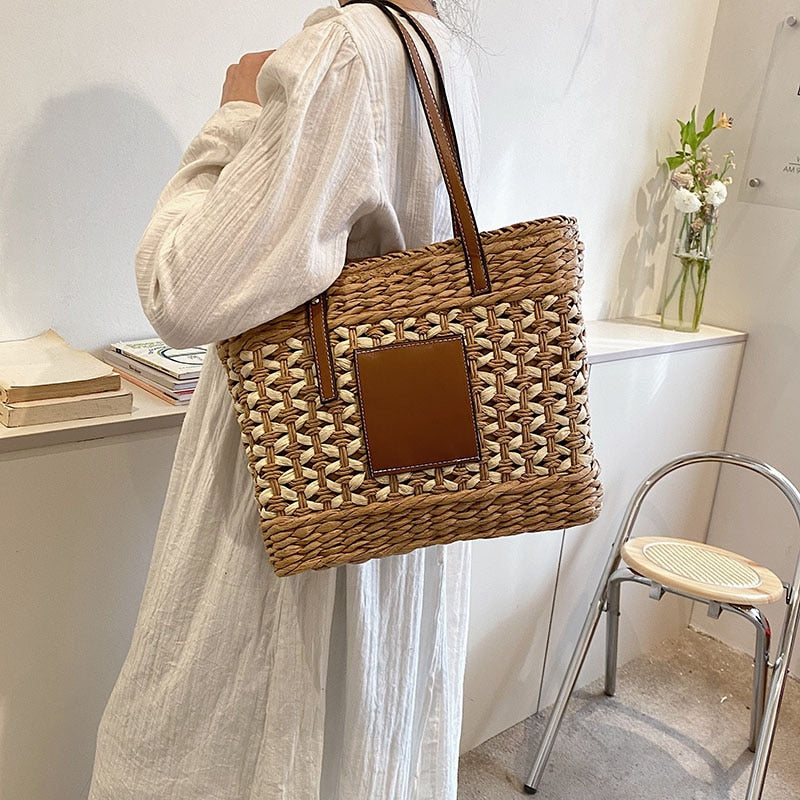 eybag 2023 Summer Straw Beach Basket Bag Fashion Women Rattan Shoulder Bag Large Capacity Woven Hand-made Handbag Female Purse Totes