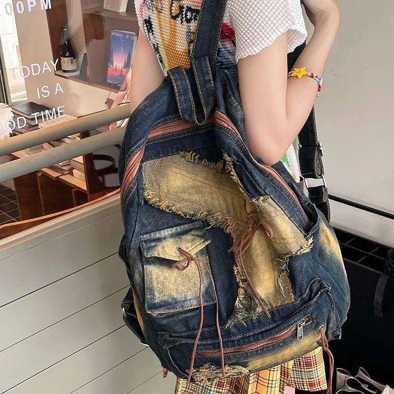 eybag Washed Denim Womens Backpack Large Capacity Y2k Hot Fashion Designer Big Travel Bag Girls  Daypack Bagpack Casual Commuter Bag