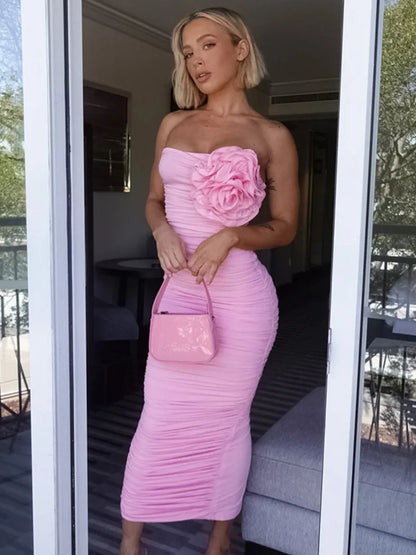 eybag Elegant Womens Flower Flower Decoration Pink Dress 2024 Sexy Strapless High Waist Tunics Shirring Slit Mid-calf Evening Dresses