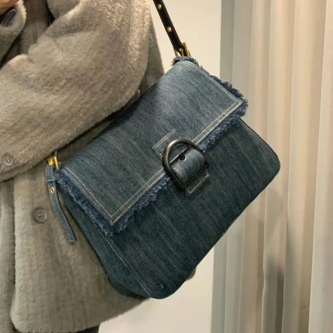 Lkblock Denim women Axillary bags Casual cowboy female Shoulder Bag Large capacity Elegant Tassels ladies handbag blue bolsa feminina