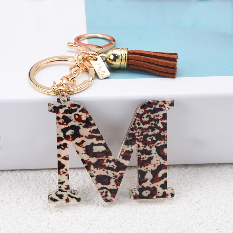 Lkblock Fashion Acrylic Leopard Letter Keychain With Tassel Fashion Couple 26 A-Z Initial Letter Pendant With Key Ring For Women Bag