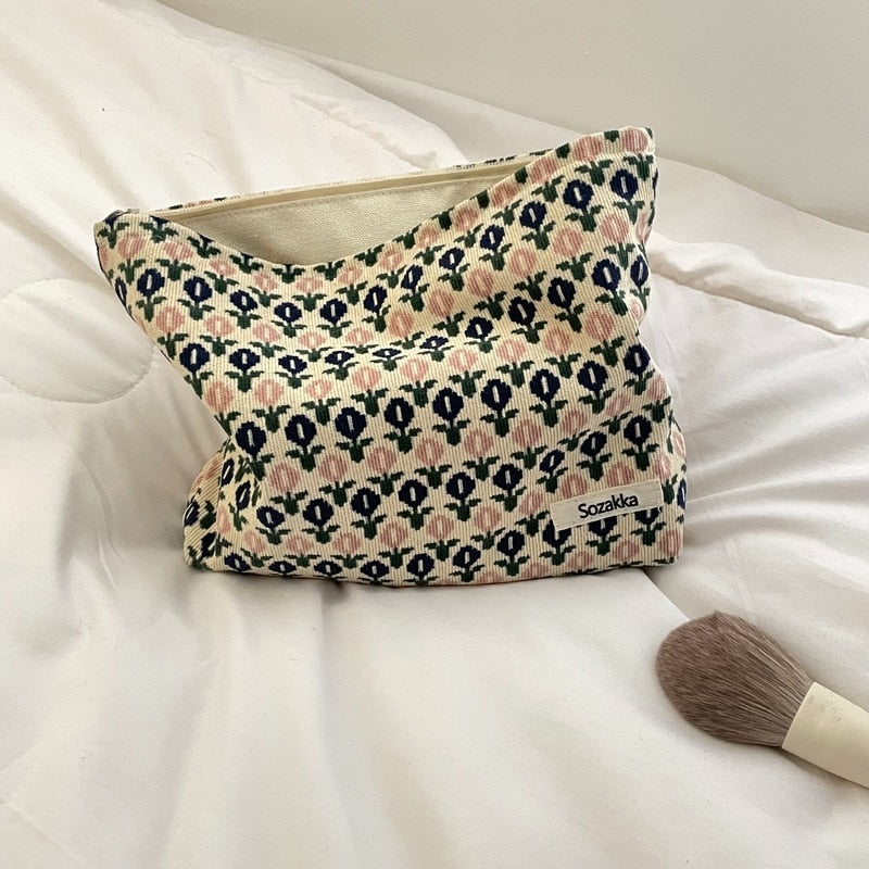 Lkblock Corduroy Make Up Organizer Clutch Bag Retro Flower Print Cosmetic Bag Wash Bag Women Travel Cosmetic Pouch Beauty Storage Cases