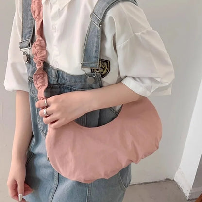 eybag Pink Fashion Womens Shoulder Bag Pleated Korean Style Solid Color Nylon Casual Hobos Bag Sweet Elegant Advanced Handbag