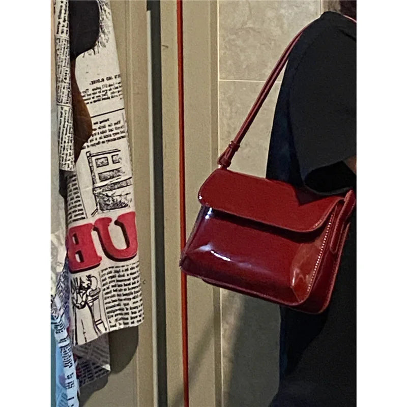 eybag Retro Patent Leather Shoulder Bag For Women Luxury Flap Crossbody Bag Solid Color Underarm Bag Red Crossbody Bag Lady Handbag