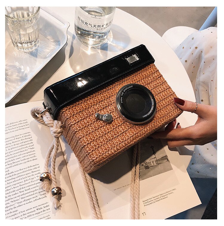 Lkblock Fun Designer Bag 2022 New Women Fashion Camera Straw Woven Handbag Female One Shoulder Bag Crossbody Bag Flap Purse