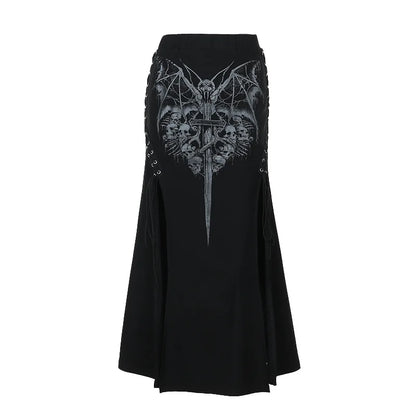 eybag Vintage  Print High Waist Mermaid Maxi Skirt Gothic Long Skirts Gothic Print Sexy High-slit Skirt for Women