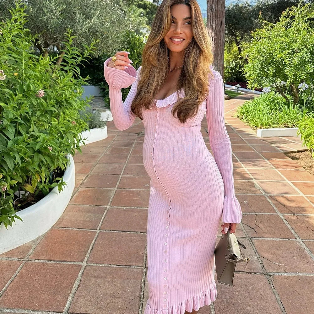 eybag Pink Maxi Sweater Dress Women Elegant Long Sleeve Slim Knitted Dresses Autumn Winter Fashion Ruffle Birthday Party Dress 2024