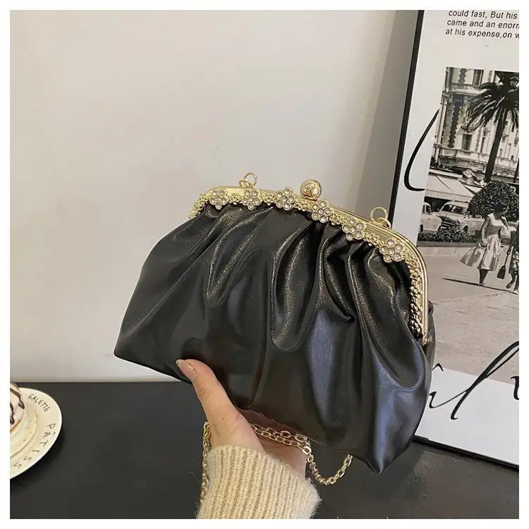 eybag Glitter Laser Women's Leather Cloud Bag 2024 Retro Chain Crossbody Bag Luxury Women's Bag Pleated Dumpling Handbag Party Clutch