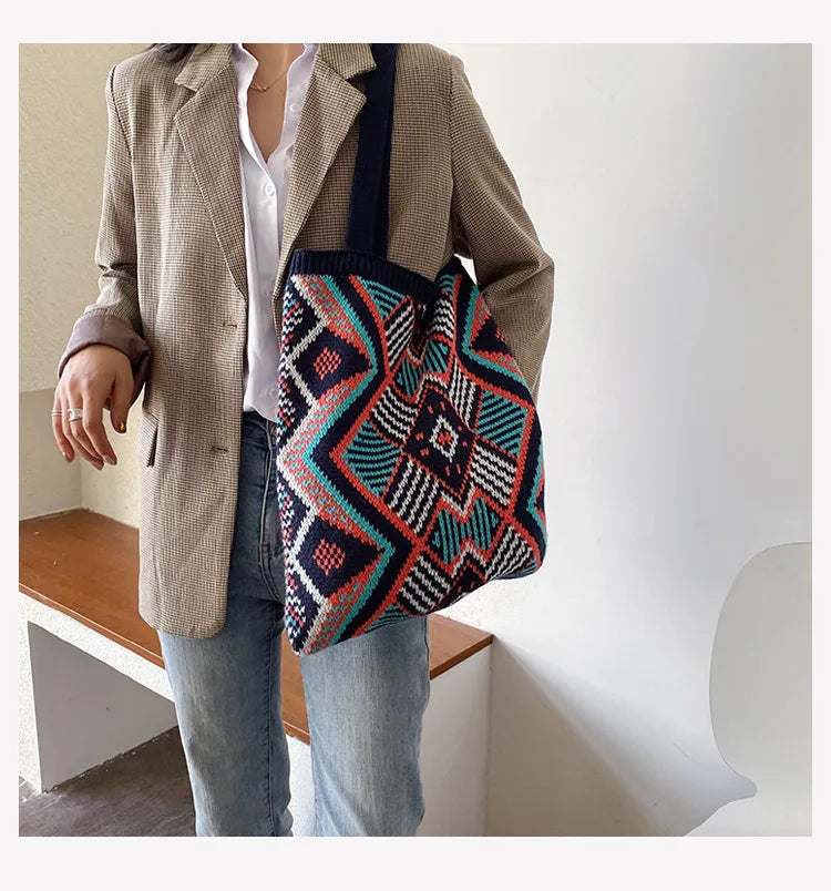 eybag Ethnic Wind Stretch Knitting Bag Geometric Weaving Retro Handbag Casual Shopping Bag Large Capacity Women Backpack Cosmetic Bag