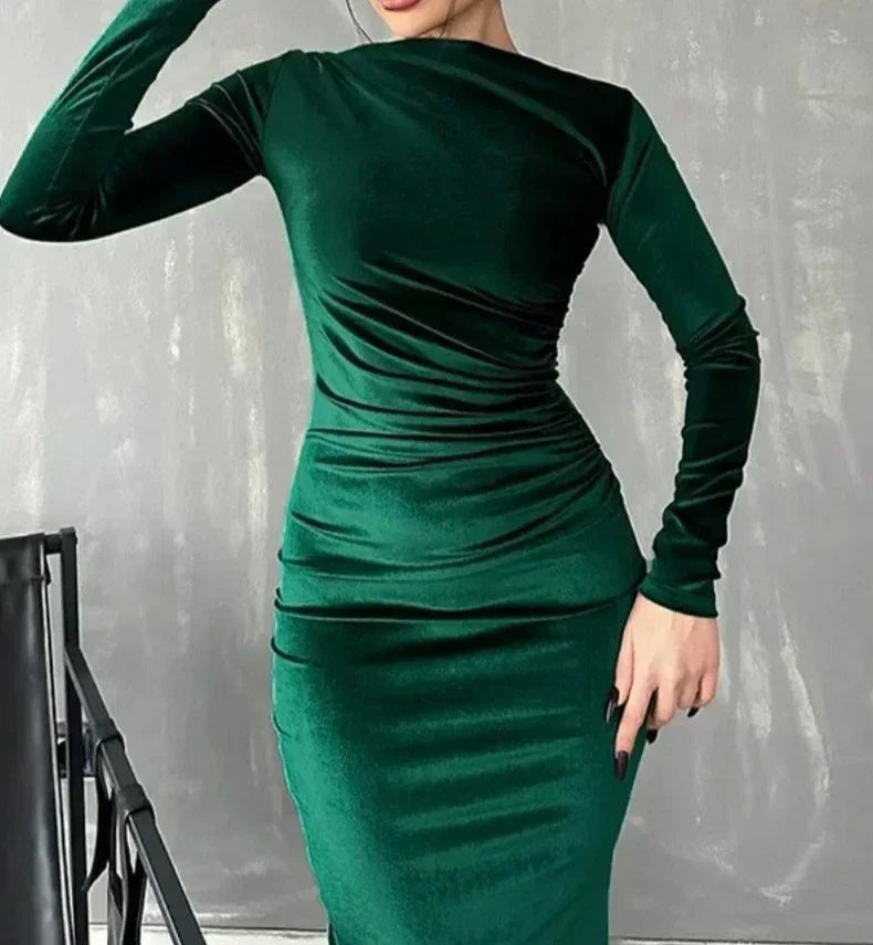 eybag 2024 Autumn Elegant O-neck Folds Mid-calf Velvet Dresses for Women Long Sleeve Tunics High Waist Bodycon Evening Party Dress