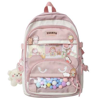 eybag New Multi-pocket Pink Kawaii Girls School Backpack For Teenager Female Book Schoolbag Women Transparent PVC  Nylon Mochila