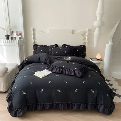 -Rose Flowers Embroidery Ruffle Lace Bedding Set for Girls, Washed Cotton Duvet Cover, Skin Friendly, Bed Sheet, Pillowcases