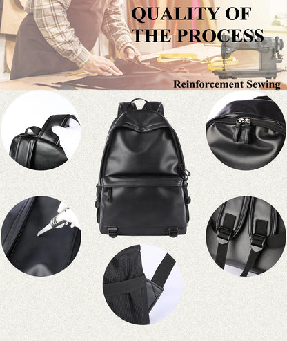 eybag Black Leather Backpack for Men Business Travel Waterproof Daypack PU 16 inch Laptop Backpack