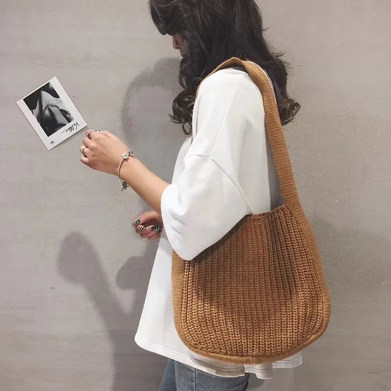 Lkblock Fashion Knitted Shoulder Bags Autumn & Winter Style Solid Color Women Handbags INS Design Weave Bags for Female Ladies Big Tote