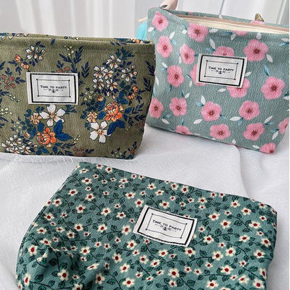 Lkblock Corduroy Make Up Organizer Clutch Bag Retro Flower Print Cosmetic Bag Wash Bag Women Travel Cosmetic Pouch Beauty Storage Cases