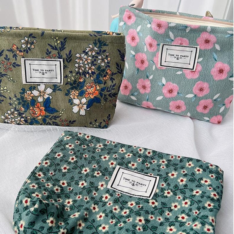 eybag Corduroy Make Up Organizer Clutch Bag Retro Flower Print Cosmetic Bag Wash Bag Women Travel Cosmetic Pouch Beauty Storage Cases