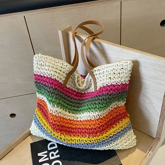 eybag Hot Selling Summer Straw Rainbow Colored Large Capacity Shoulder Bag 2024 Fashion Leisure Women's Handbag