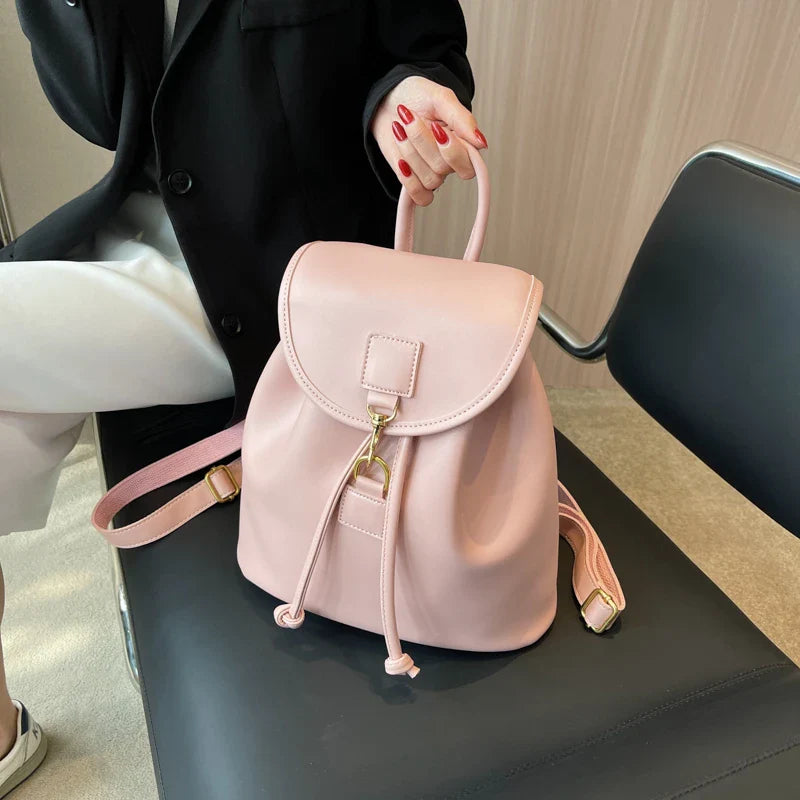 eybag Genuine PU Leather Backpack Female Large Capacity Casual School Bag Solid Drawstring Travel Shoulder Bag Korean Fashion Backpack