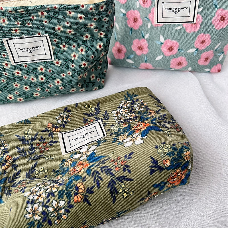 eybag Corduroy Make Up Organizer Clutch Bag Retro Flower Print Cosmetic Bag Wash Bag Women Travel Cosmetic Pouch Beauty Storage Cases