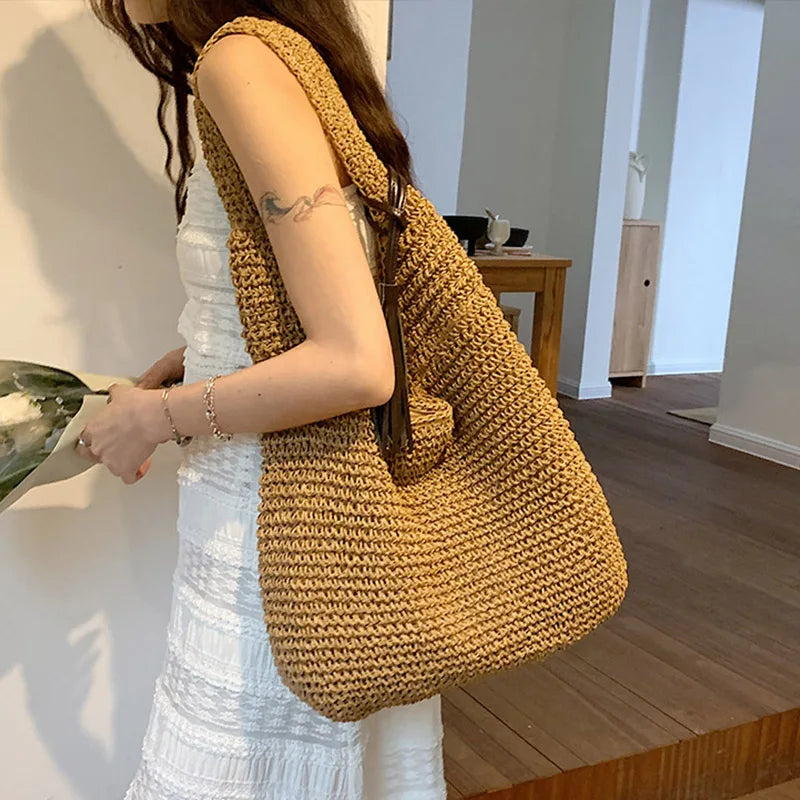 Lkblock Large Capacity 2024 Summer Straw Woven Tote Bag with Fringe Embellished Woven Women's Shoulder Bucket Bag