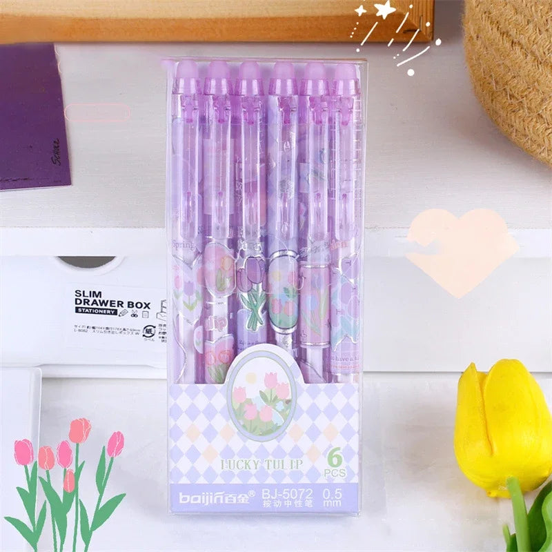 eybag 6pcs Erasable Gel Pens Romantic Flowers Blue Black Ink Signature Pens with Erasers 0.5mm Cute Pens Writing Tools Office School