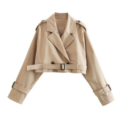 eybag Women Fashion Belt Cropped Coat Long Sleeve Turn Down Collar Short Jacket Vintage Chic Double Breasted Trench Coats Lady Outfit