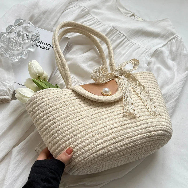 eybag Women's Woven Shoulder Bag New Large Capacity Tote Bag Casual Knit Beach Vacation Handbags Eco Reusable Shopper Pearl Decoration