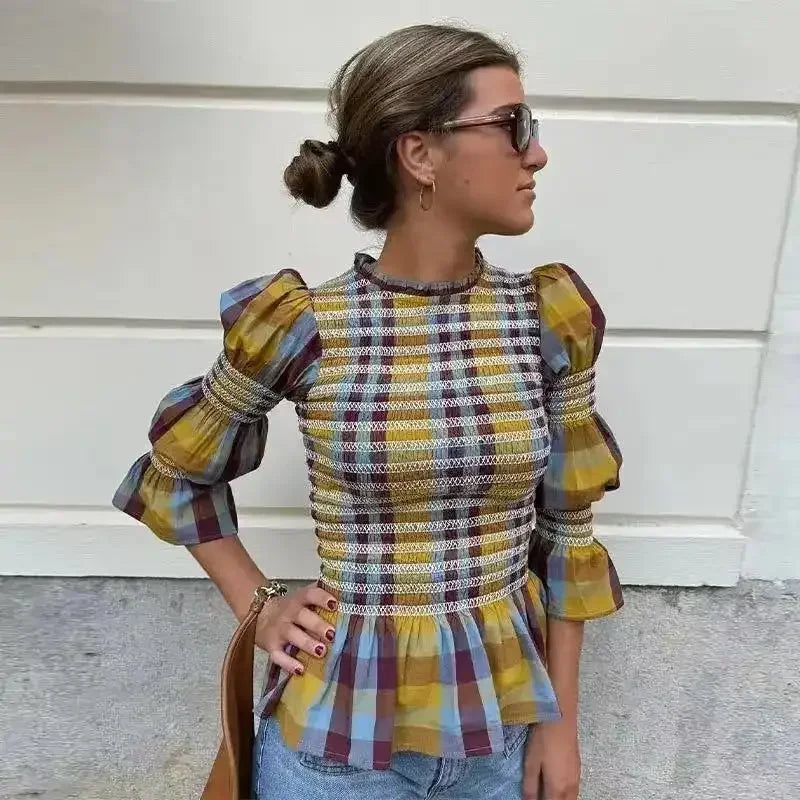 eybag Elegant Plaid Pleated Shirt Women Retro Slim O-neck flare Sleeve Blouses 2024 Spring Summer Fashion Chic Lady Stripe Shirts